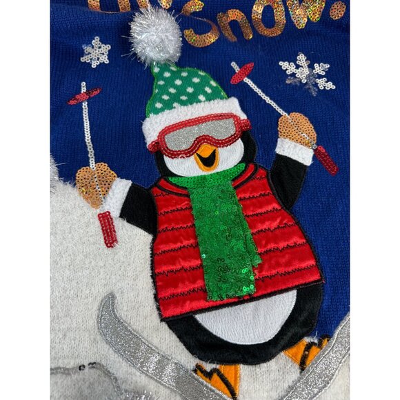 Ugly Christmas Fuzzy Tunic Sweater Size M Penguin Blue Pullover Winter Ski Poms - Picture 8 of 12